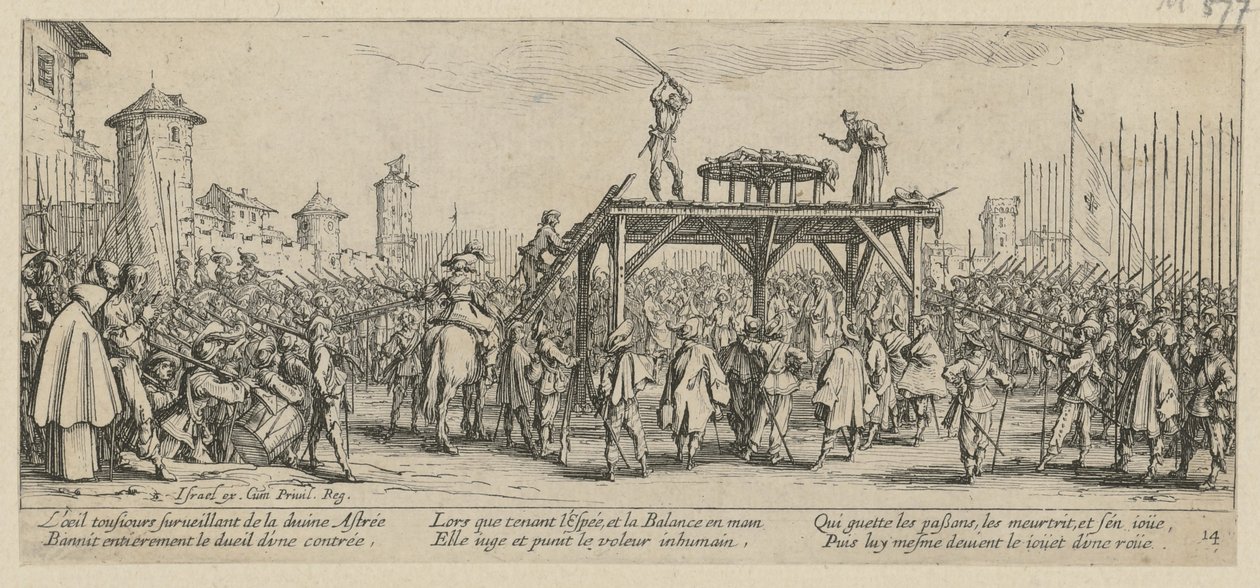 Hjul, side 14 i serien »Krigens rædsler« af Jacques Callot