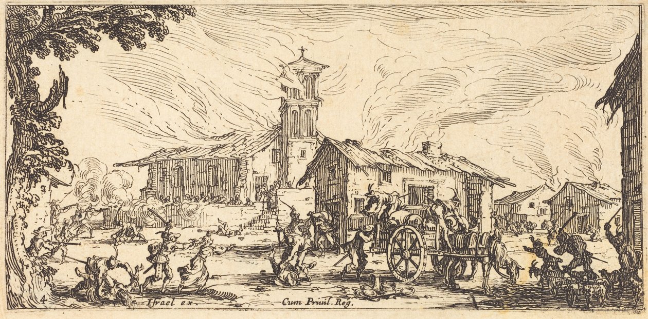 Plyndring og afbrænding af en landsby af Jacques Callot