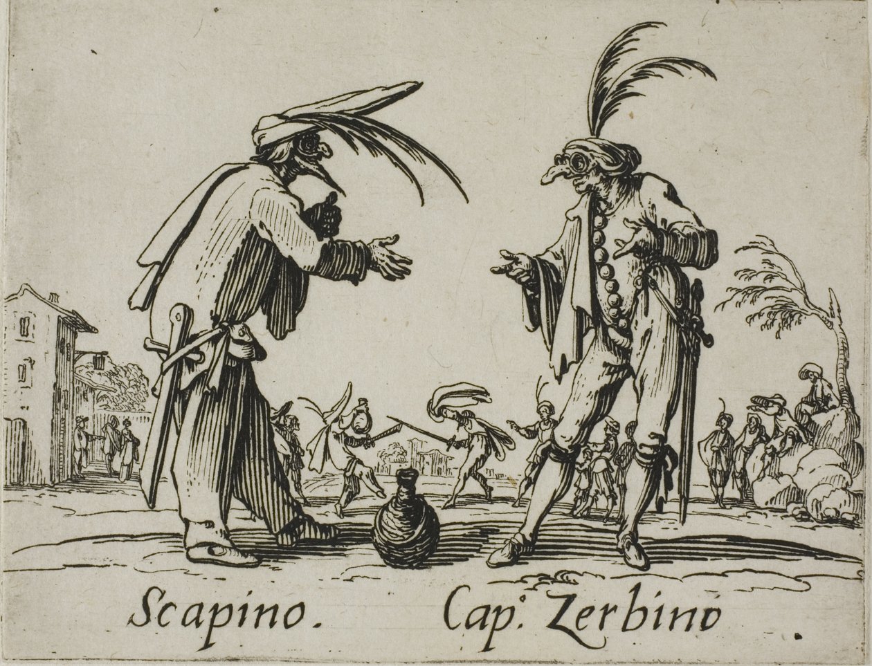 Scapino - Kaptajn Zerbino, plade 12 fra Balli di Sfessania af Jacques Callot