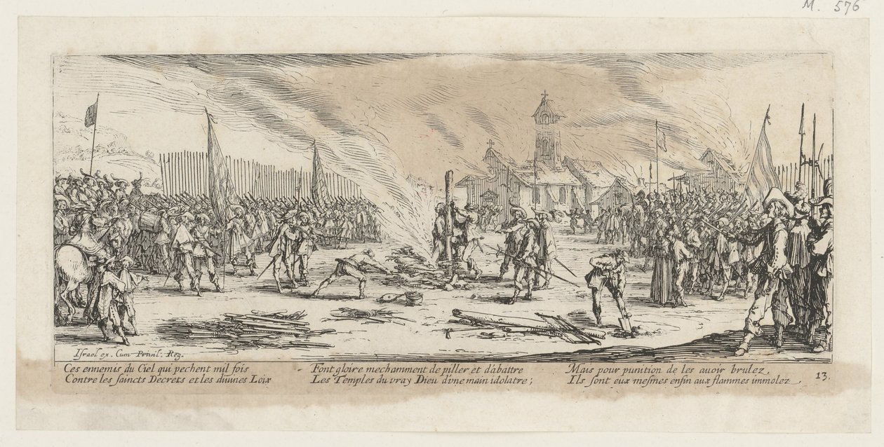 Bål, side 13 i serien »Krigens rædsler« af Jacques Callot