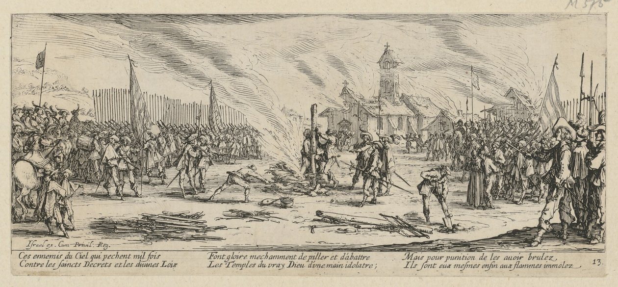 Bål, side 13 i serien »Krigens rædsler« af Jacques Callot