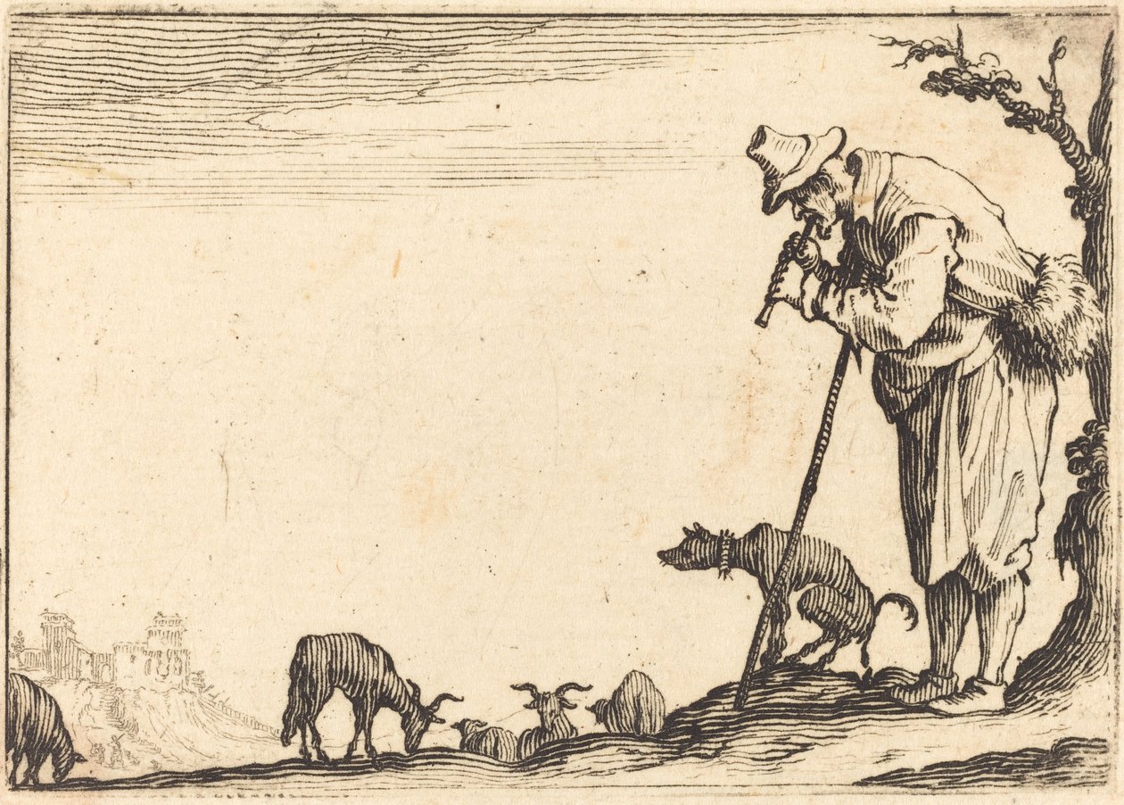 Hyrde, der spiller fløjte af Jacques Callot