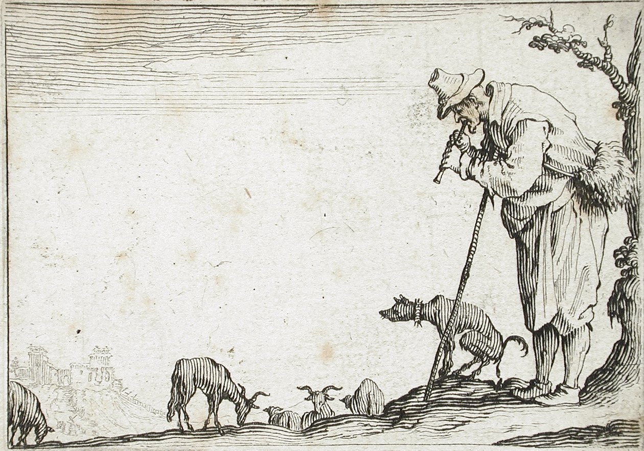 Hyrde, der spiller fløjte af Jacques Callot