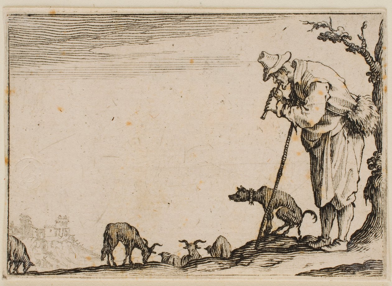 Hyrde, der spiller på fløjte, fra »The Caprices« (Firenze-udgaven) af Jacques Callot