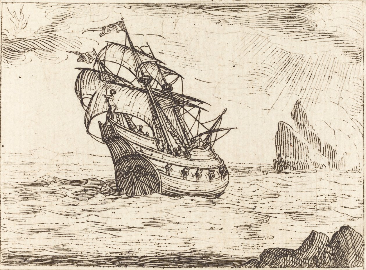 Skib, der navigerer i nærheden af klipper af Jacques Callot