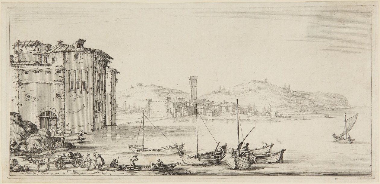Skibe under lastning, fra serien Diverse Vedute Designate in Fiorenza (Forskellige landskaber tegnet i Firenze) af Jacques Callot