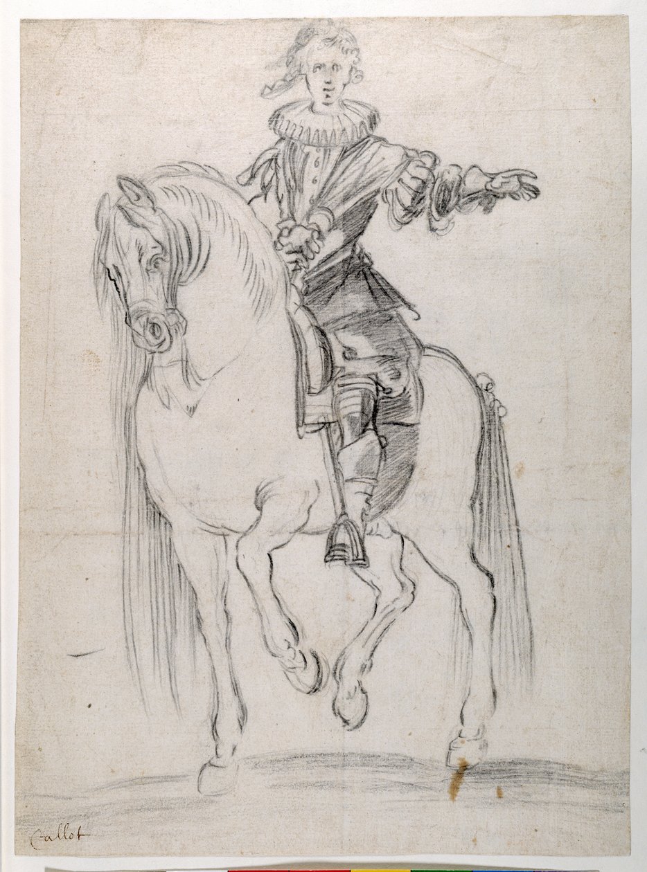 Skitse af Ludvig XIII til hest (sort kridt på papir) af Jacques Callot