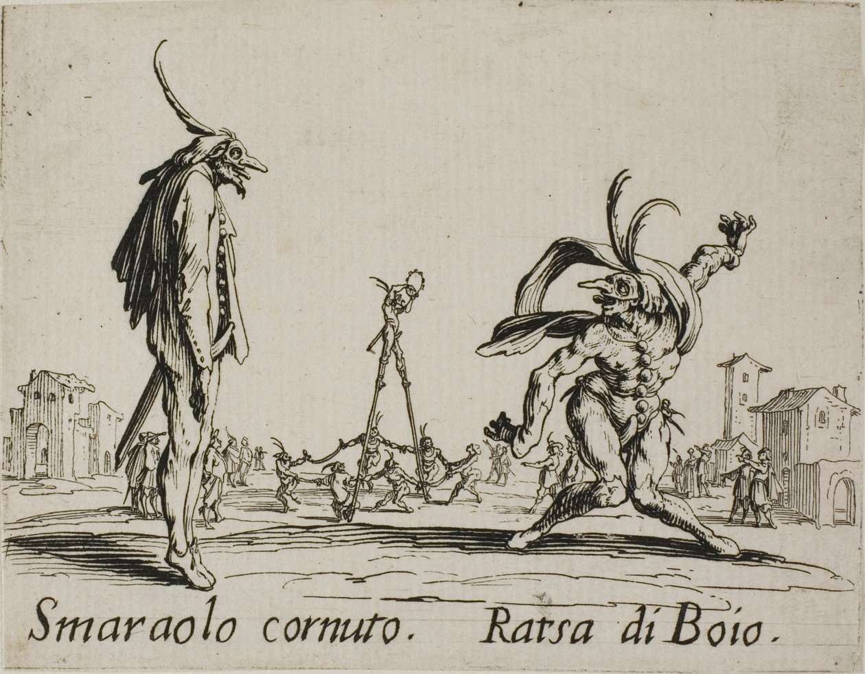 Horned Smaraolo - Ratsa di Boio, tallerken 4 fra Balli di Sfessania af Jacques Callot