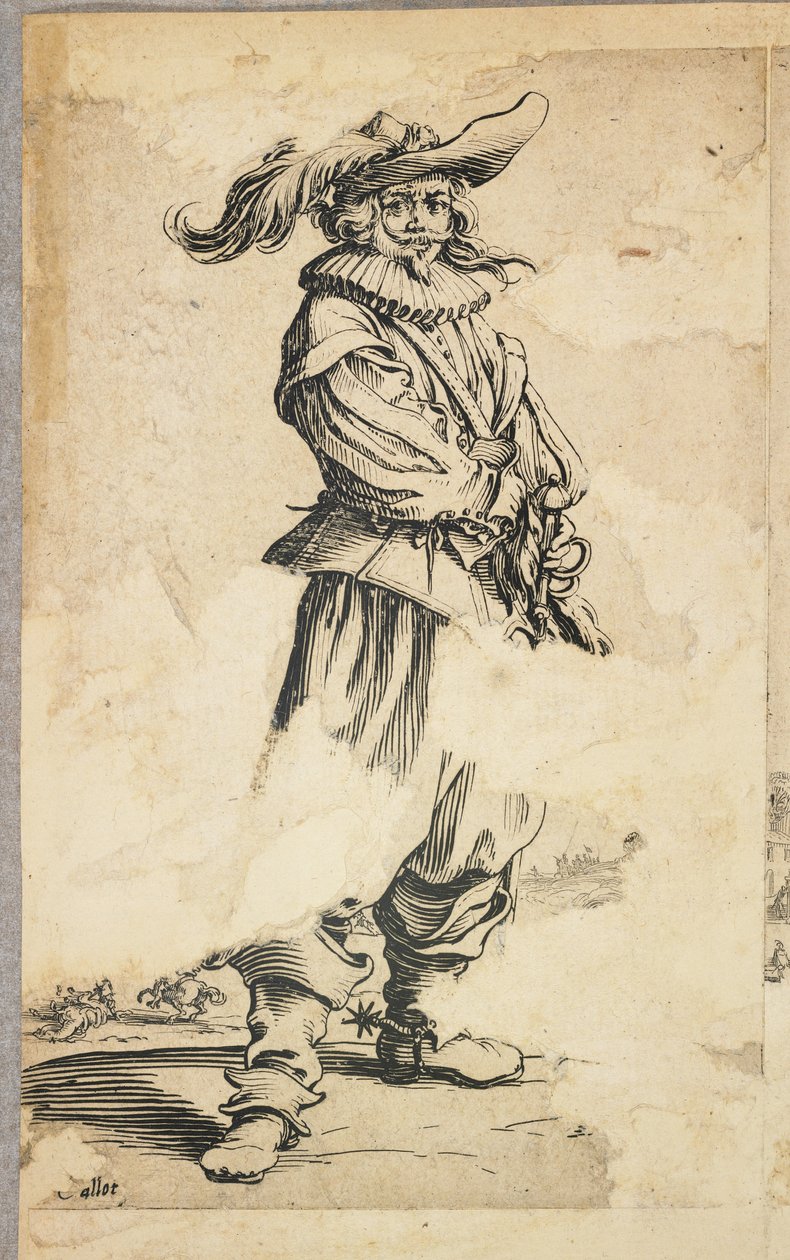 Soldat med fjerhat, fra La Noblesse de Lorraine (verso), ca. 1620-23 af Jacques Callot