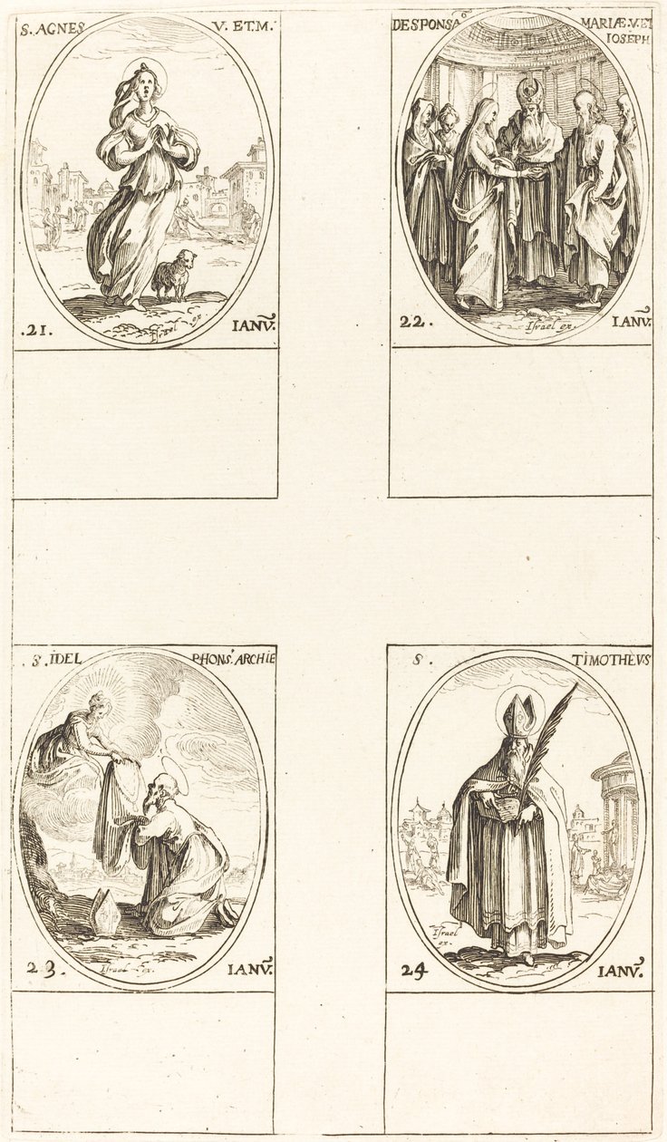 St. Agnes; Jomfruens ægteskab; Sankt Ildefonsus; Sankt Timothy af Jacques Callot