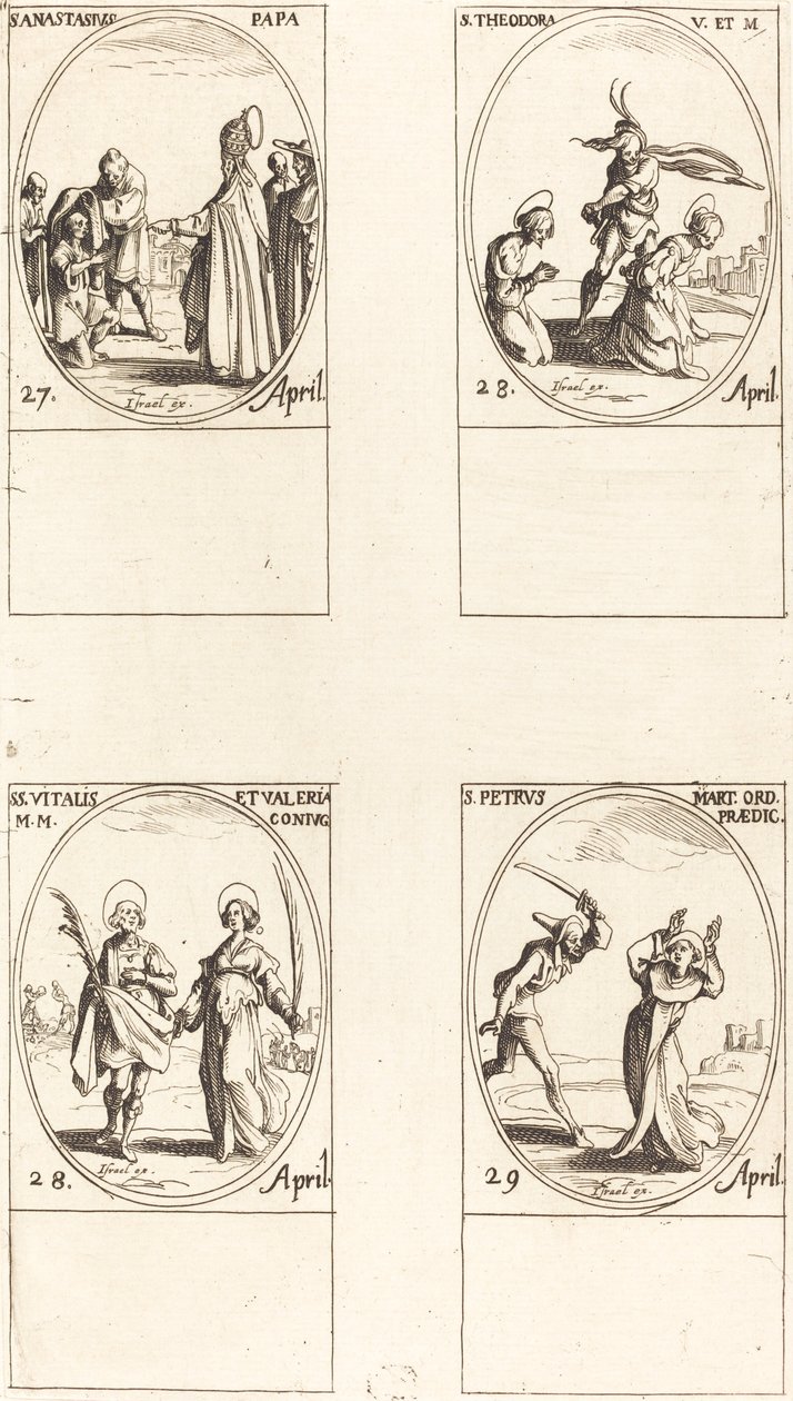 Sankt Anastasius; St. Theodora; Sts. Vitalis og Valeria; Sankt Peter Martyr af Jacques Callot