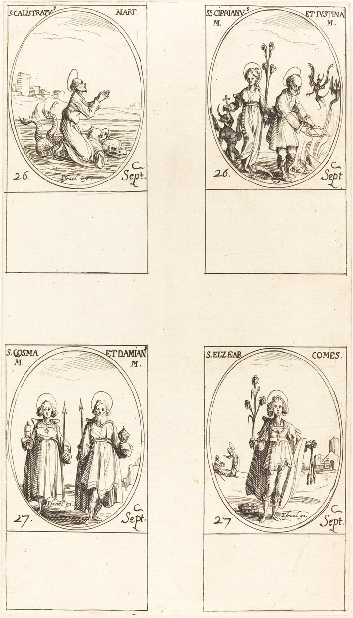 St. Calistratus, St. Cyprian og Justina, St. Comus og Damian, St. Elzear, greve. af Jacques Callot