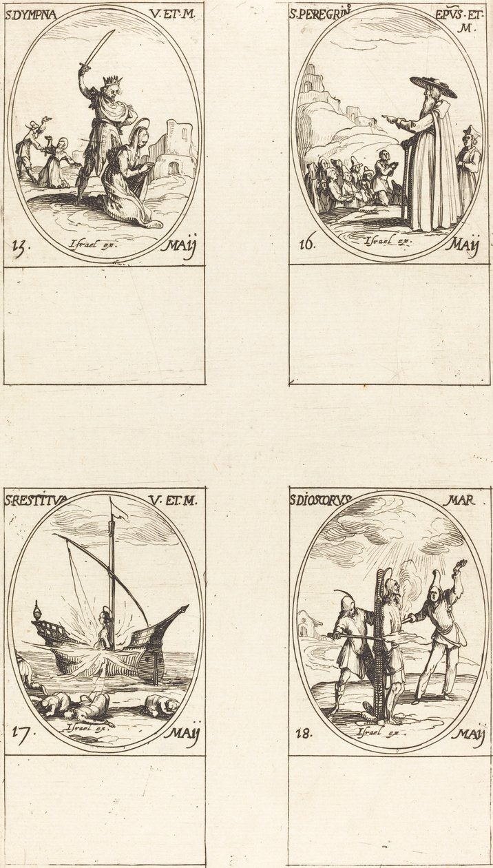 St. Dympna, St. Pilgrim, St. Restaureret, St. Dioscorus af Jacques Callot