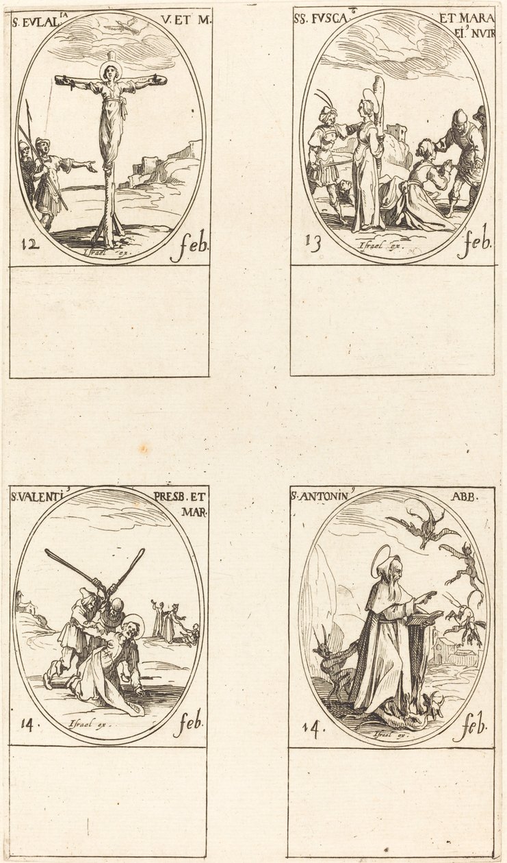 St. Eulalia; St. Fusca og Maura; St. Valentine; Sankt Antonius af Jacques Callot