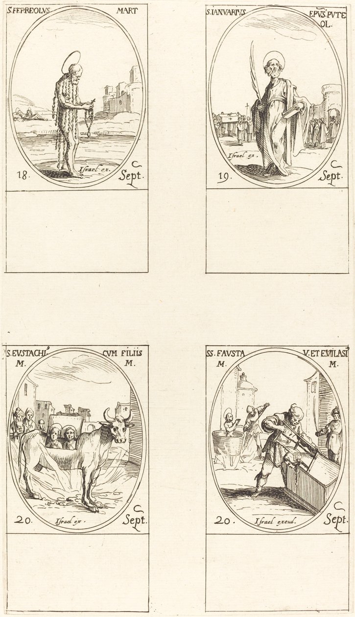 St. Ferreolus, St. januar, St. Eustace og hans børn, St. Fausta og Evelasius. af Jacques Callot