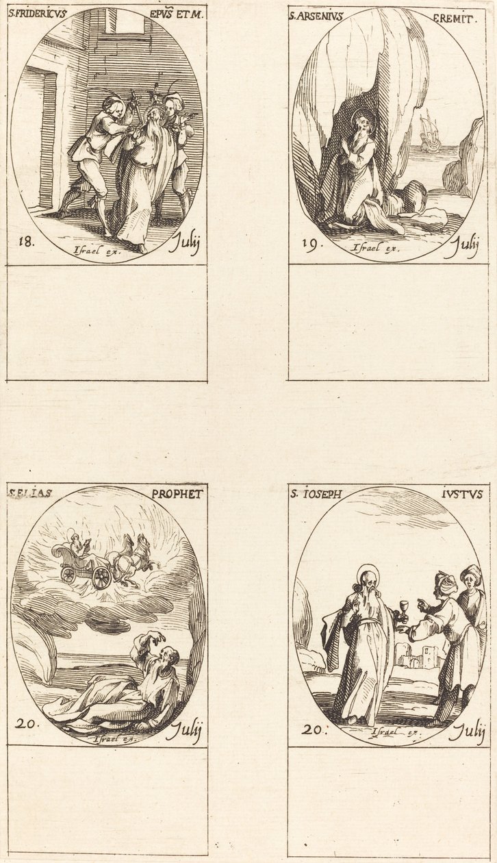 Sankt Frederik; Sankt Arsenius, Eremit; Sankt Elias, Profet; St. Joseph den Retfærdige af Jacques Callot