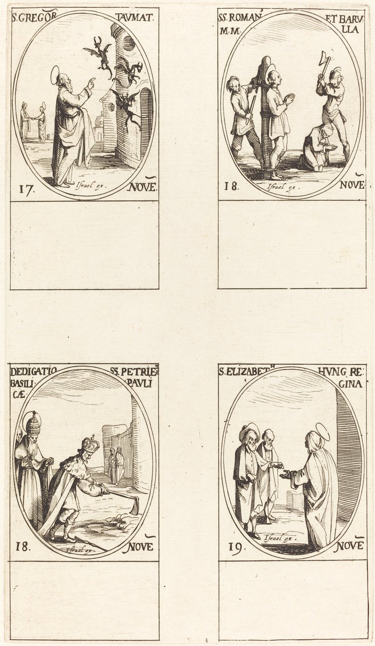 St. Gregory; Sts. Romanus & Barulla; Indvielse af basilikaerne i SS. Peter & Paul; af Jacques Callot
