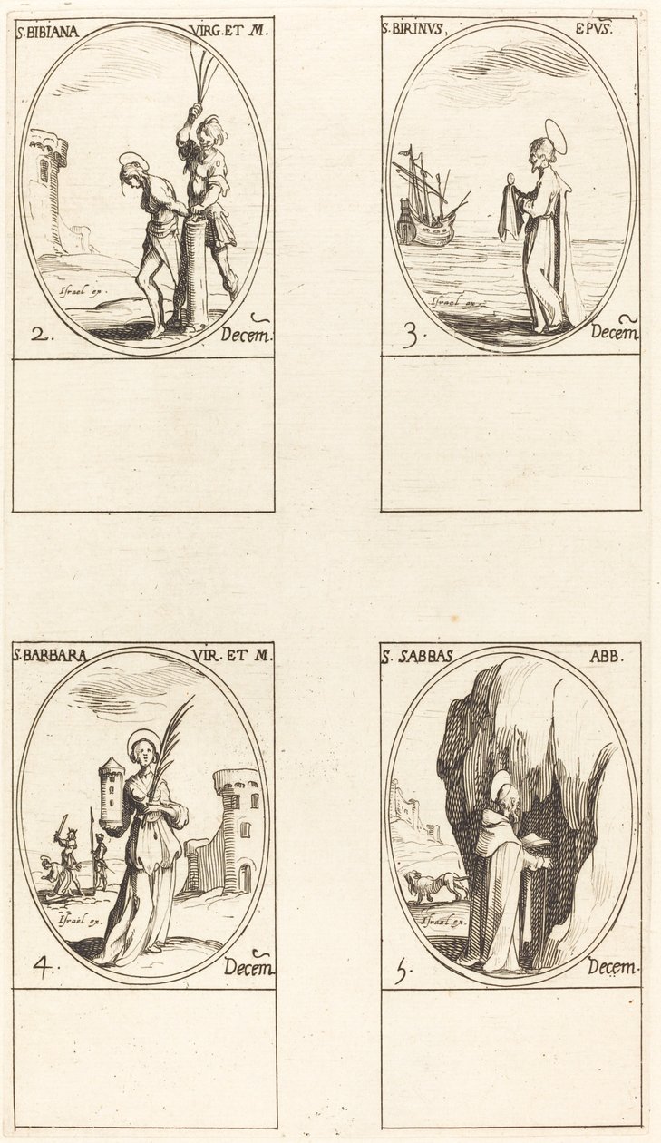 St. Irene & ledsagere; St. Kristen; Hellige Ananias, Azariah & Mishael; St. Florian & af Jacques Callot