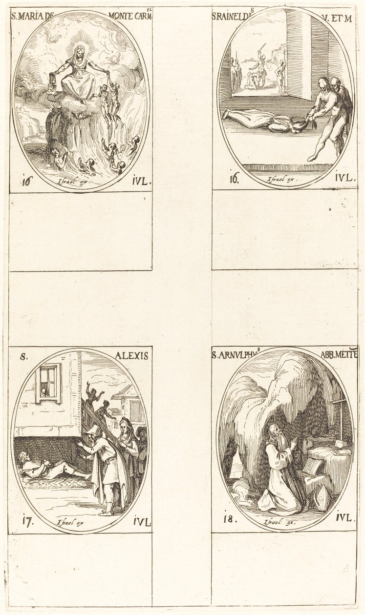 St. Mary af Mont Carmel; St. Raineldis; Sankt Alexis; St. Arnold af Metz af Jacques Callot