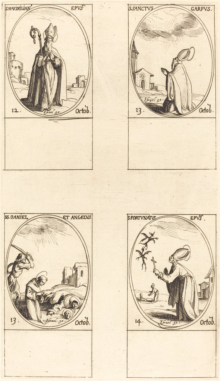 St. Maximilian, St. Carpus, St. Daniel og Angelus, St. Fortunatus. af Jacques Callot