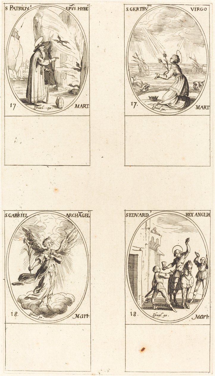 St. Patrick; Sankt Gertrud; Sankt Gabriel, Ærkeengel; St. Edward af Jacques Callot