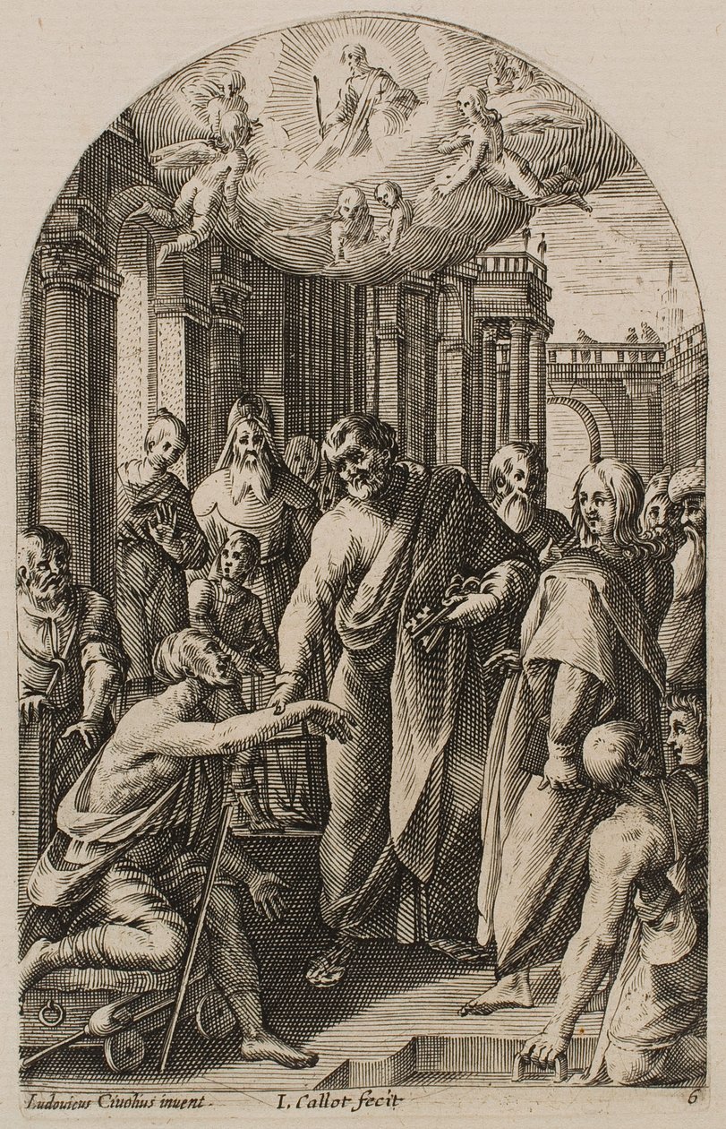 Sankt Peter og Sankt Johannes helbreder den lamme ved templets indgang, fra serien »Billeder fra Rom« af Jacques Callot
