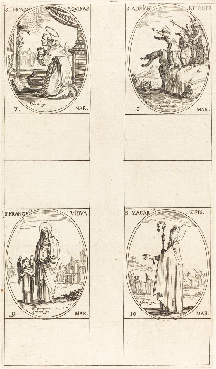 Sankt Thomas Aquin; St. Adrian og ledsagere; St. Frances; St. Macari af Jacques Callot