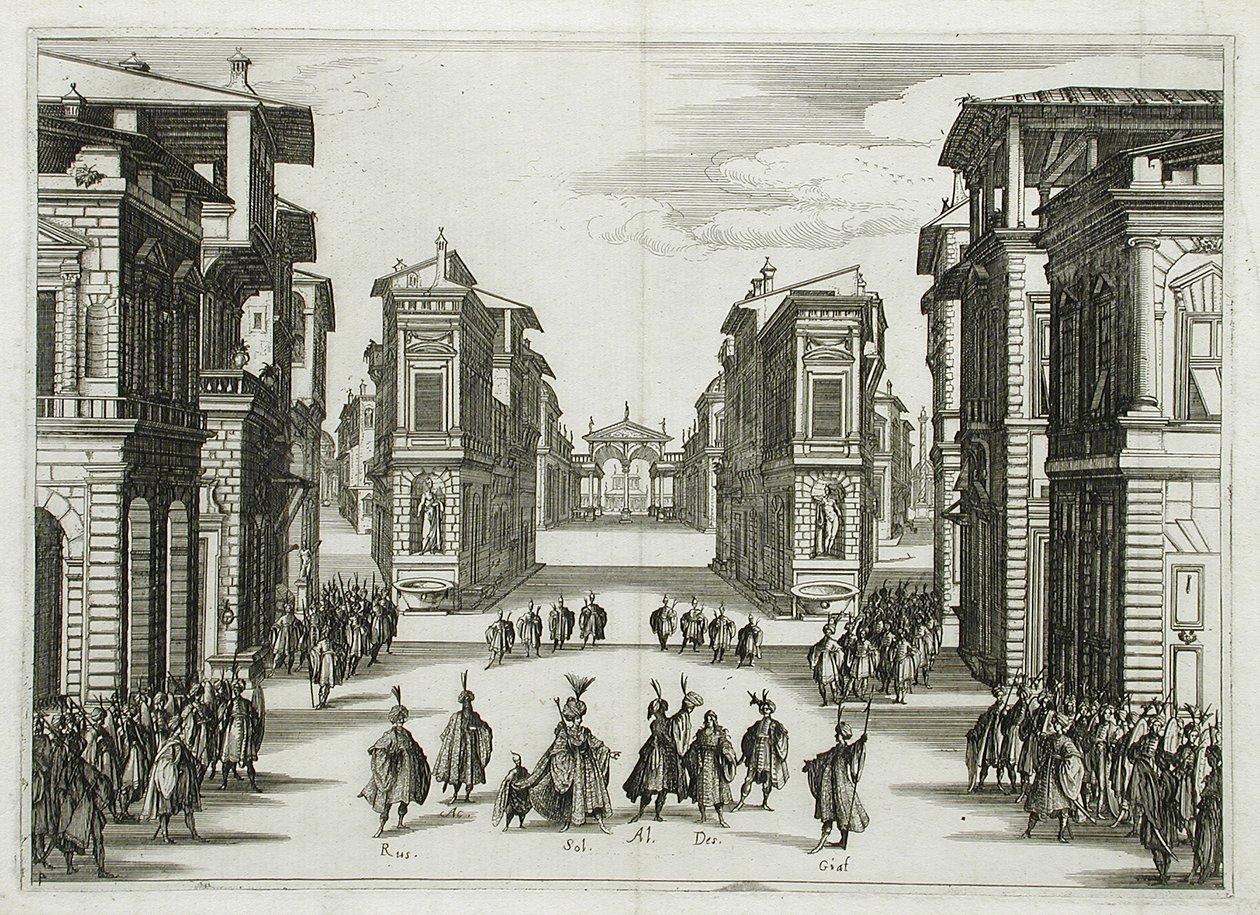 Scenedesign til „Il Solimano“, akt IV af Jacques Callot