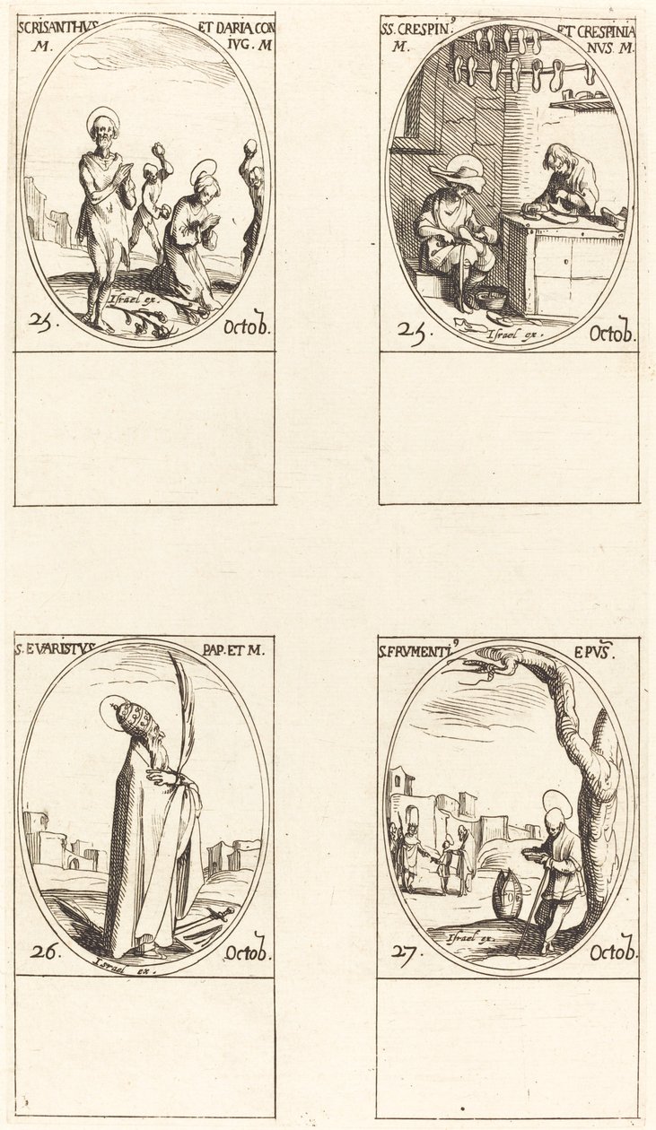 Sts. Chrysanthus og Daria, St. Crispin og Crispinian, St. Evaristus, St. Frumentius. af Jacques Callot