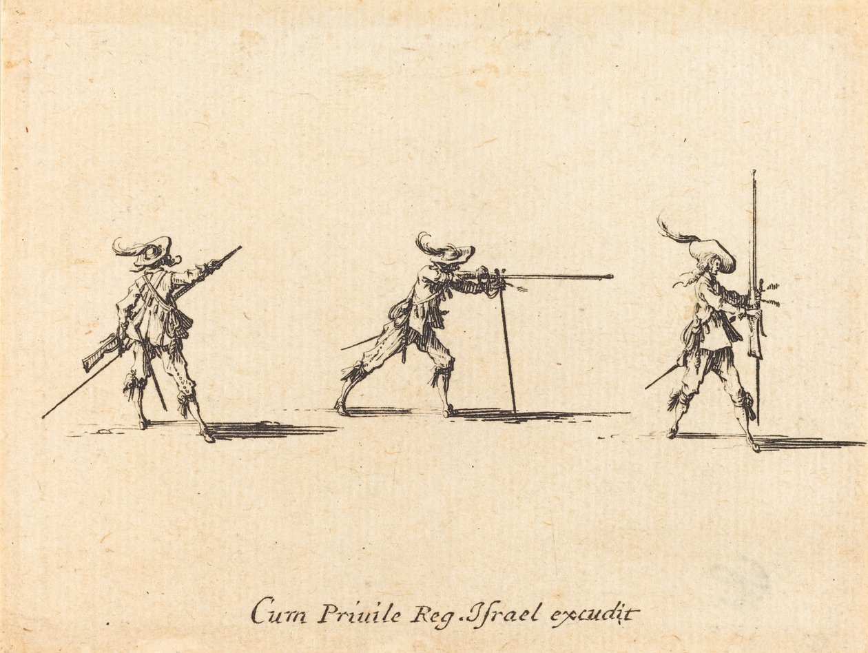 Indtager skudpositionen med musketten, 16341635. af Jacques Callot