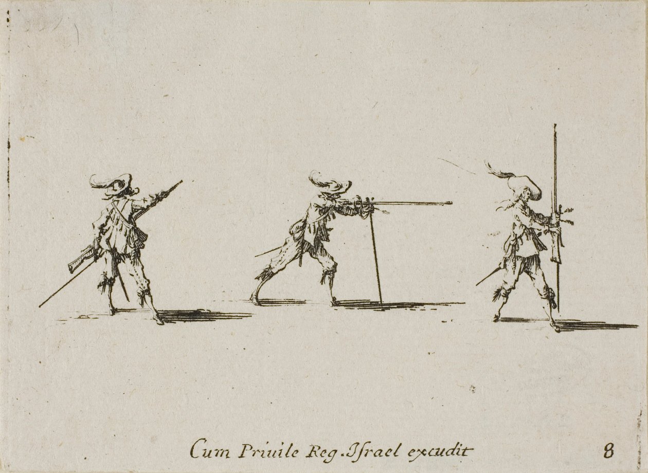 Indtager affyringspositionen med musketten, plade otte fra The Military Exercises af Jacques Callot