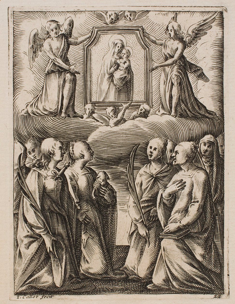 Tilbedelsen af Jomfruen og barnet, fra serien „Billeder fra Rom“ af Jacques Callot