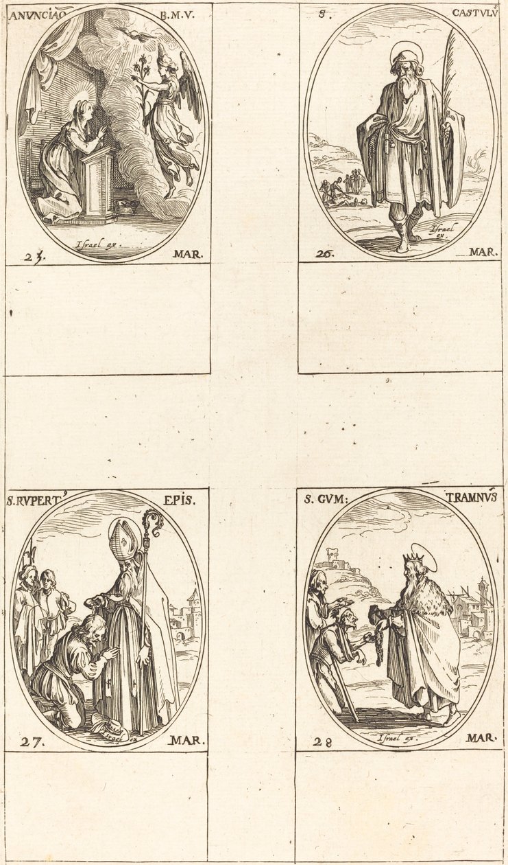 Bebudelsen, St. Castulus, St. Rupert, St. Gontran. af Jacques Callot