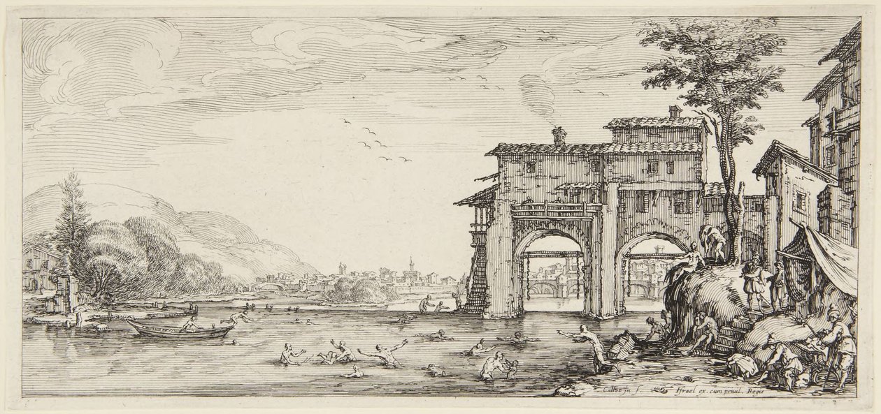De badende, fra serien «Paysages gravées pour Jean de Médicis, Paysages dessinés à Florence» (Landskaber for Giovanni de Medici eller landskaber tegnet i Firenze) af Jacques Callot