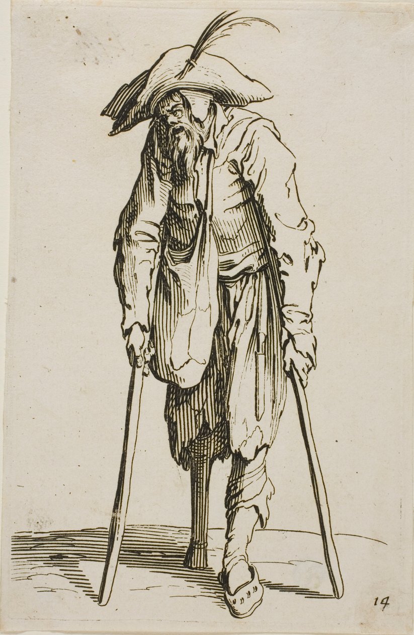 Tiggeren med træbenet, tallerken fjorten fra The Beggars af Jacques Callot