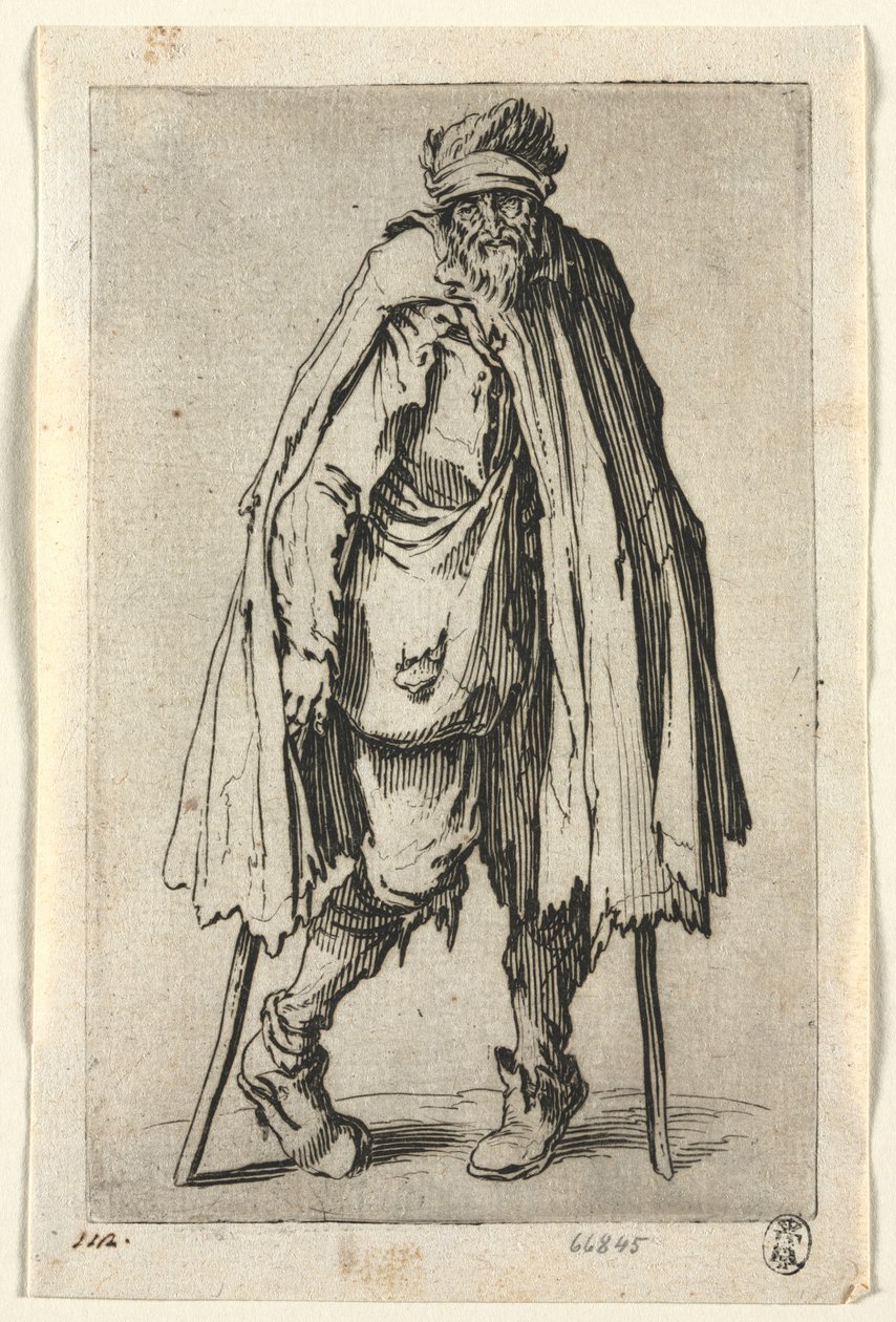 Tiggerne: Tigger på krykker med en taske, ca. 1623. af Jacques Callot