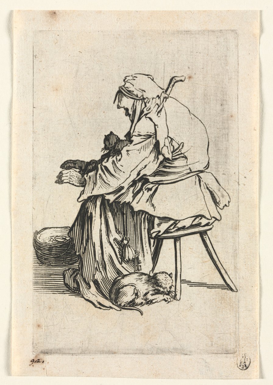 Tiggerne: Gammel kvinde og katte, ca. 1623. af Jacques Callot