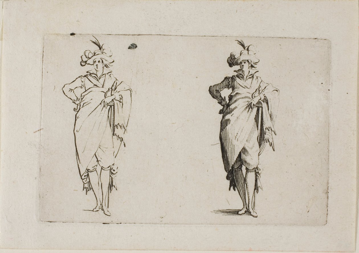 The Gentleman Set for the Front, med sin højre hånd på hoften, fra The Caprices af Jacques Callot