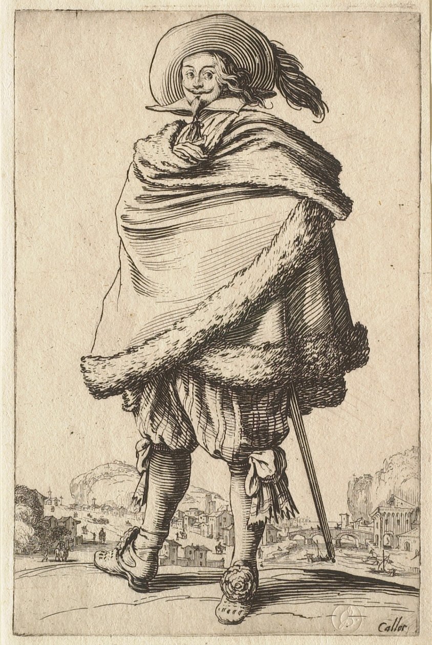 Herren svøbt i sin pelsbesatte frakke af Jacques Callot