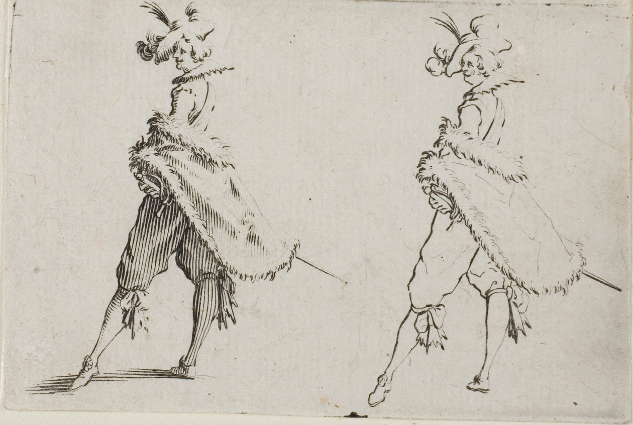 The Gentleman with a Coat, poserer med hænderne på hofterne, fra The Caprices af Jacques Callot