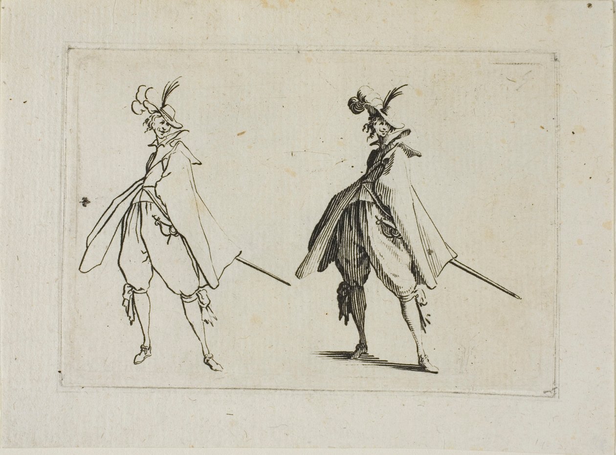 Herremanden med en stor frakke, set forfra, fra The Caprices af Jacques Callot
