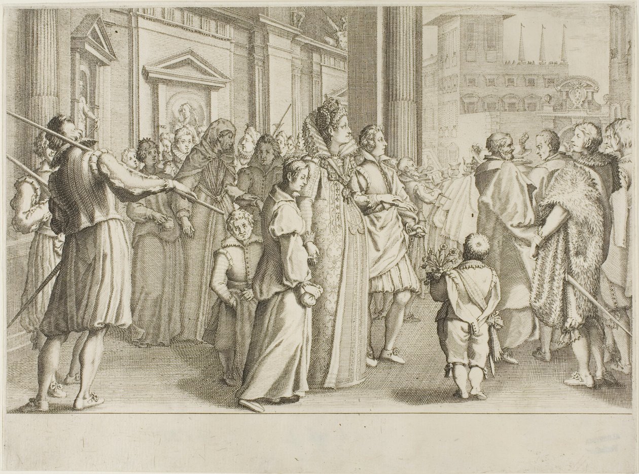 Storhertuginden Christine af Lorraine eskorterer til kirkens unge, som hun tager under sin beskyttelse af Jacques Callot