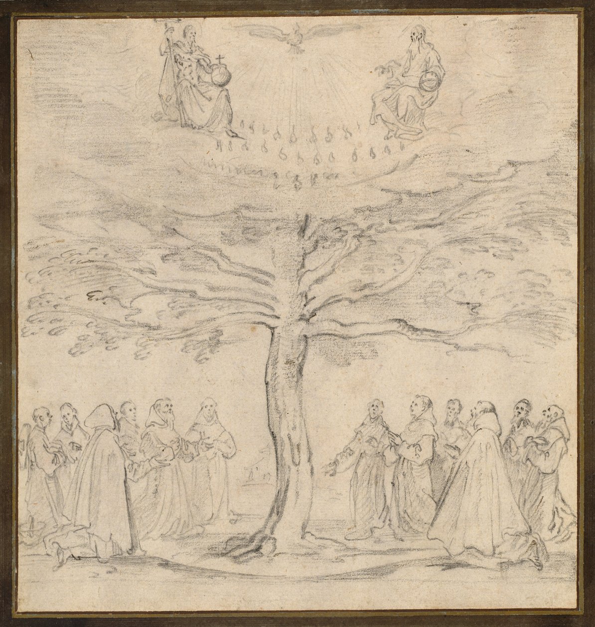 Den hellige treenighed i livets træ tilbedt af franciskanere af Jacques Callot