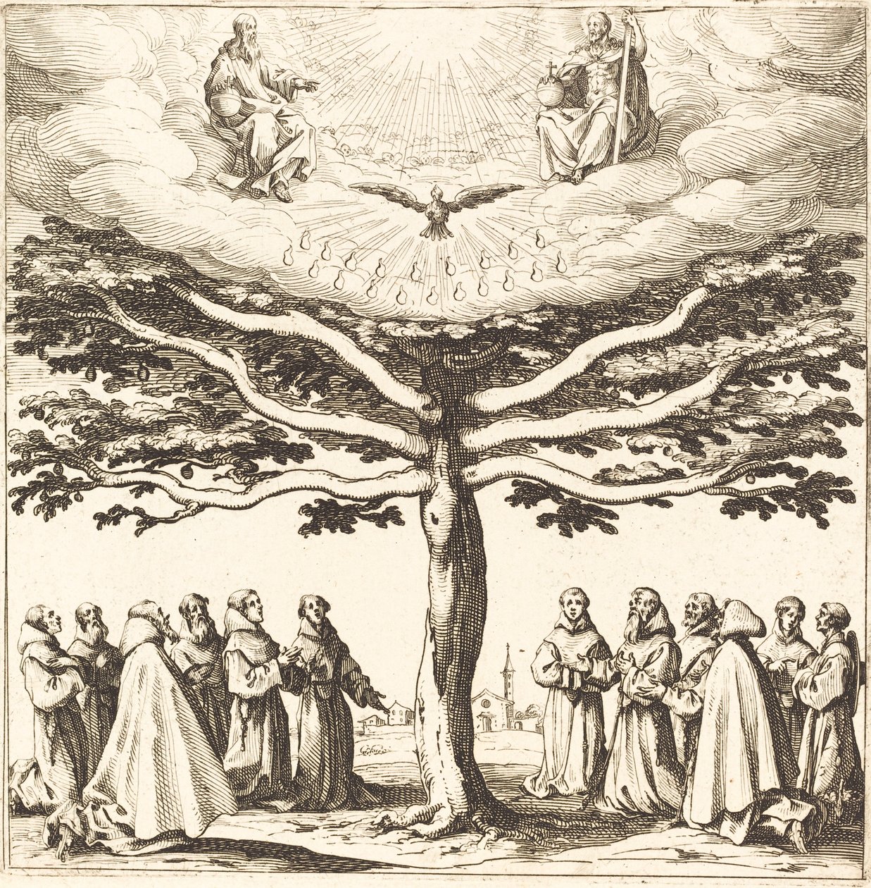 Den hellige treenighed i livets træ, tilbedt af franciskanere af Jacques Callot
