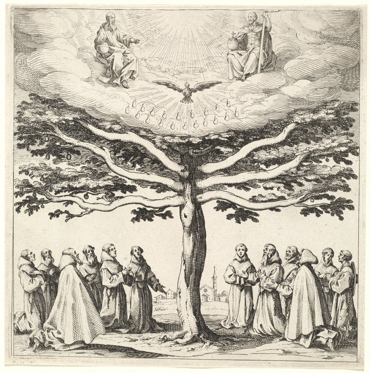 Den hellige treenighed i livets træ, tilbedt af franciskanere af Jacques Callot