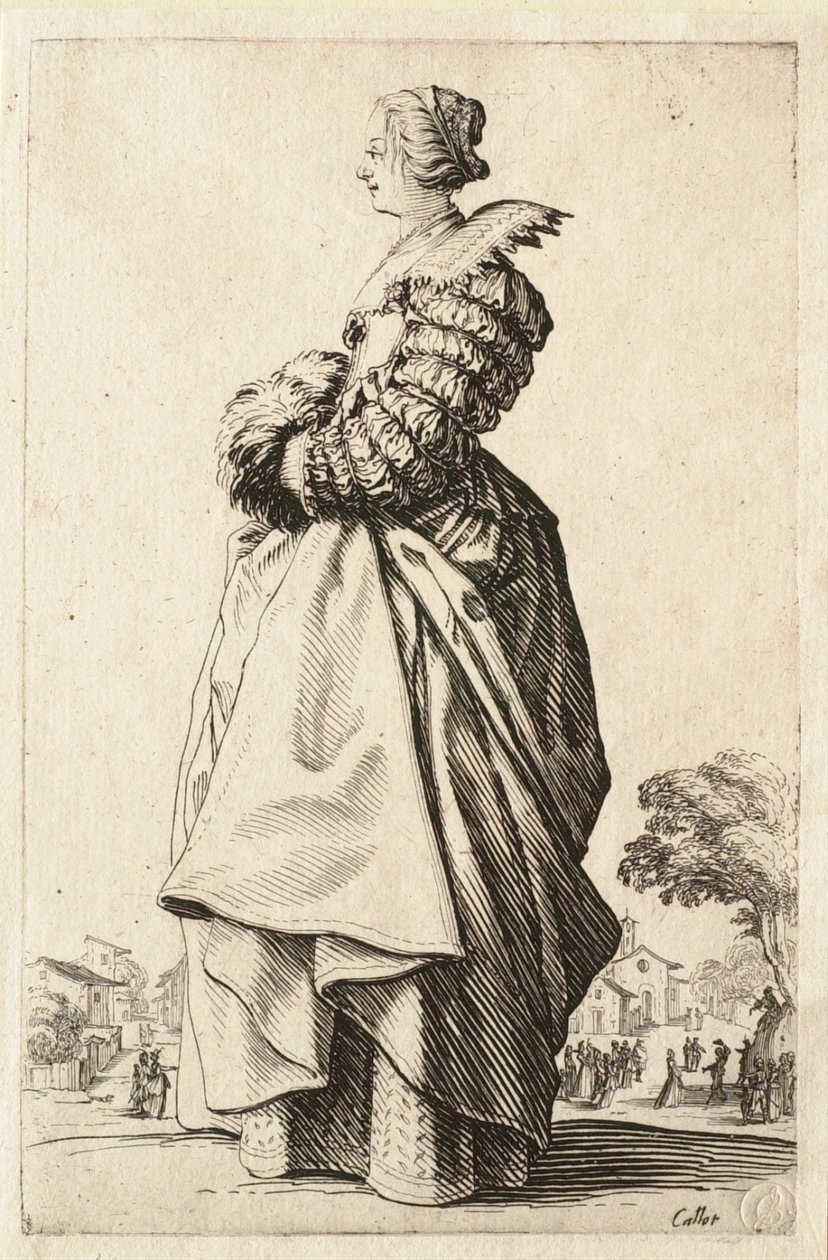 Damen i profil med hænderne i muffen af Jacques Callot
