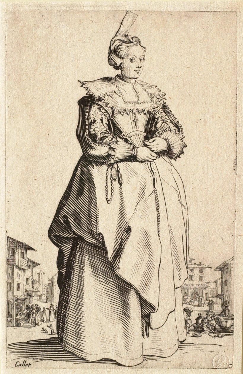 Damen med den lille hovedbeklædning trukket tilbage (La Dame à la petite coiffe relevée en arrière) af Jacques Callot