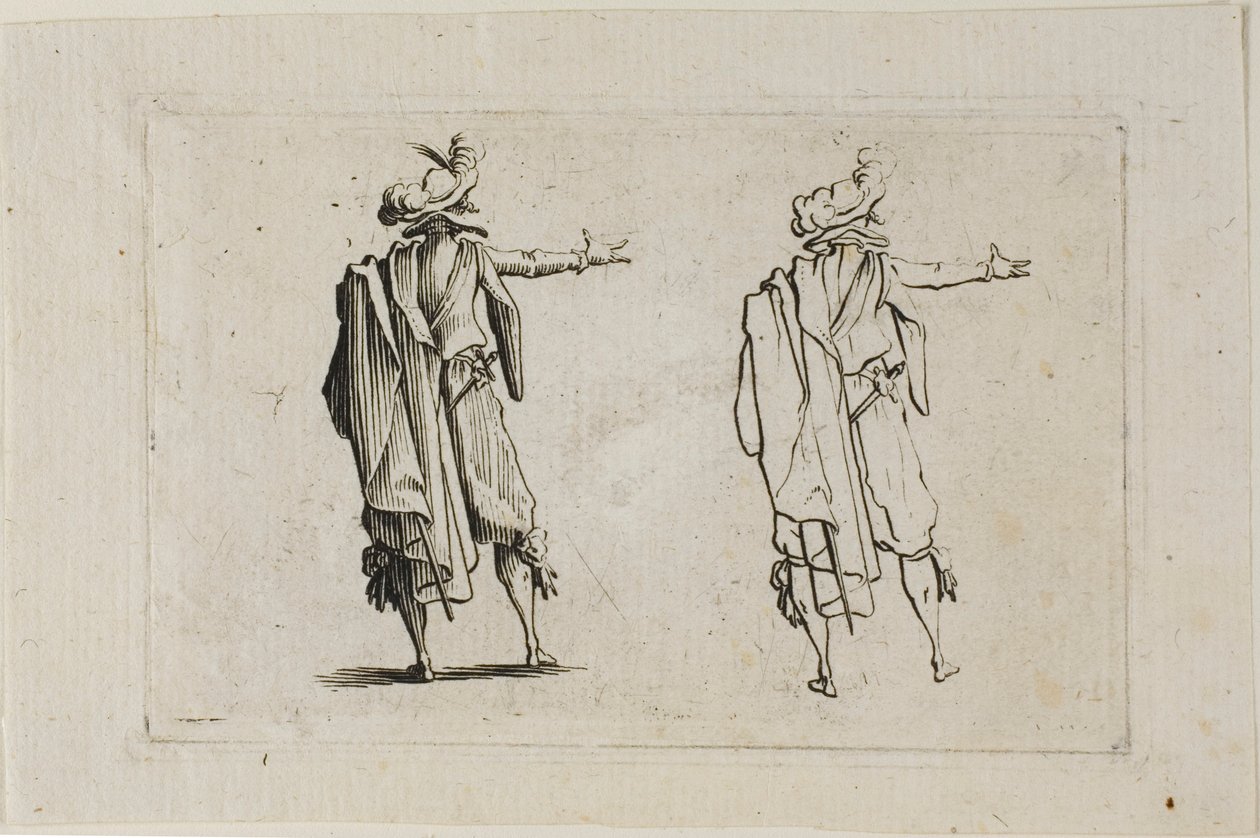 Manden set bagfra, højre arm hævet, fra The Caprices af Jacques Callot