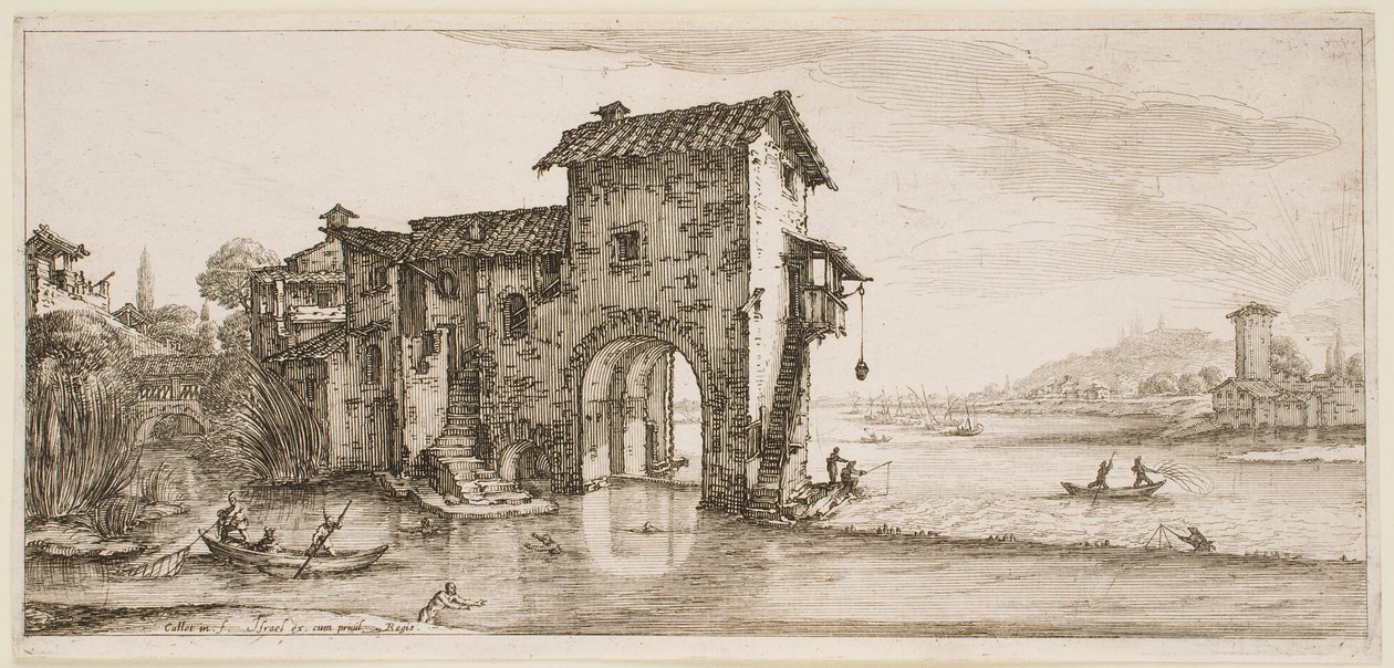 Møllen ved floden, fra serien »Landskaber i Firenze« af Jacques Callot