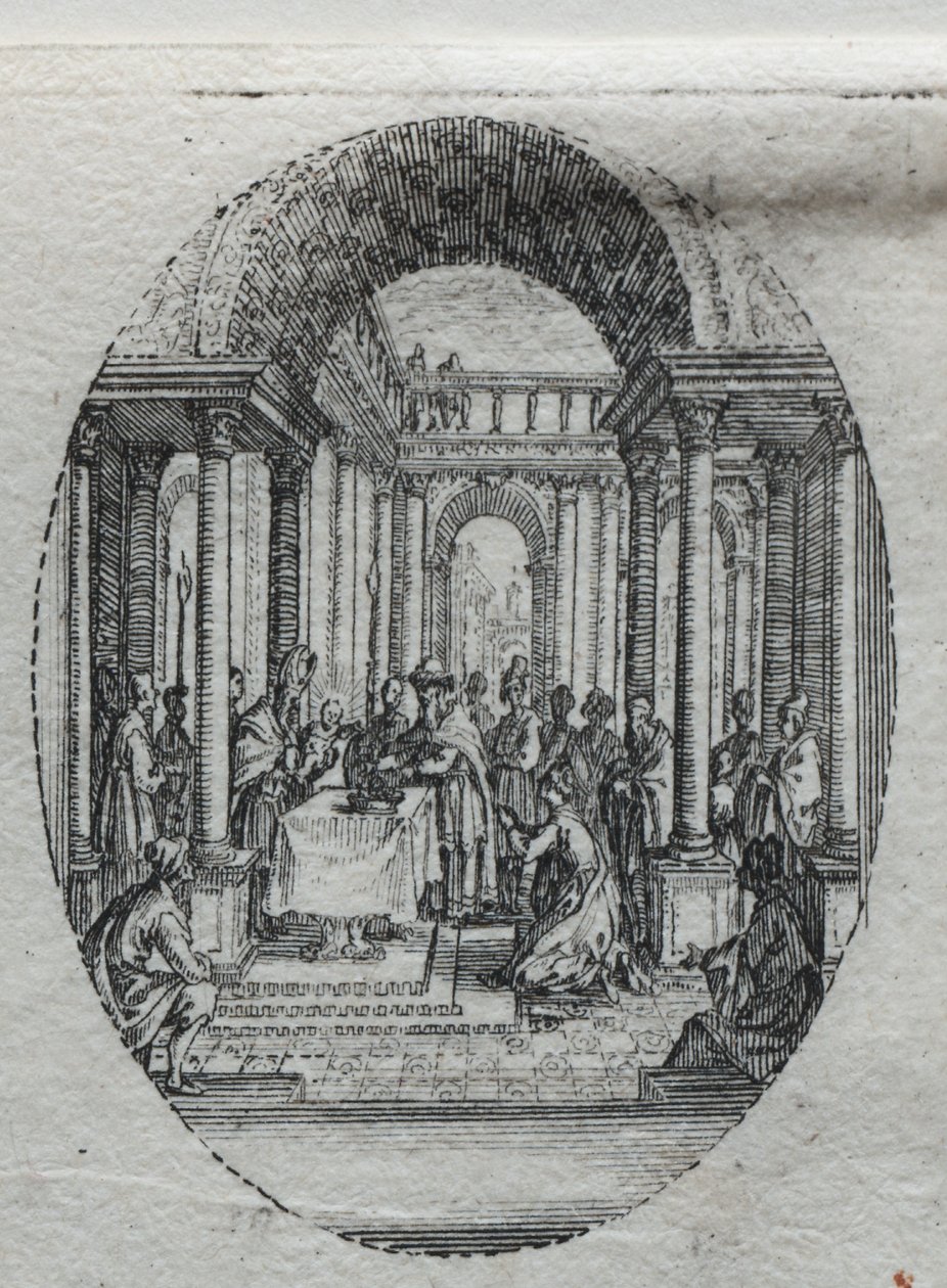 Lidenskabens mysterier: Præsentationen i templet. af Jacques Callot